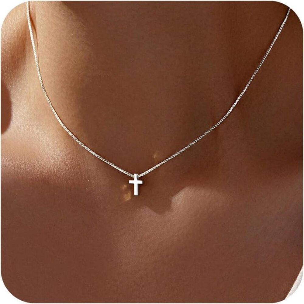 02 Tiny Cross Necklace for Women's Plated Dainty Silver Small Cross Pendant